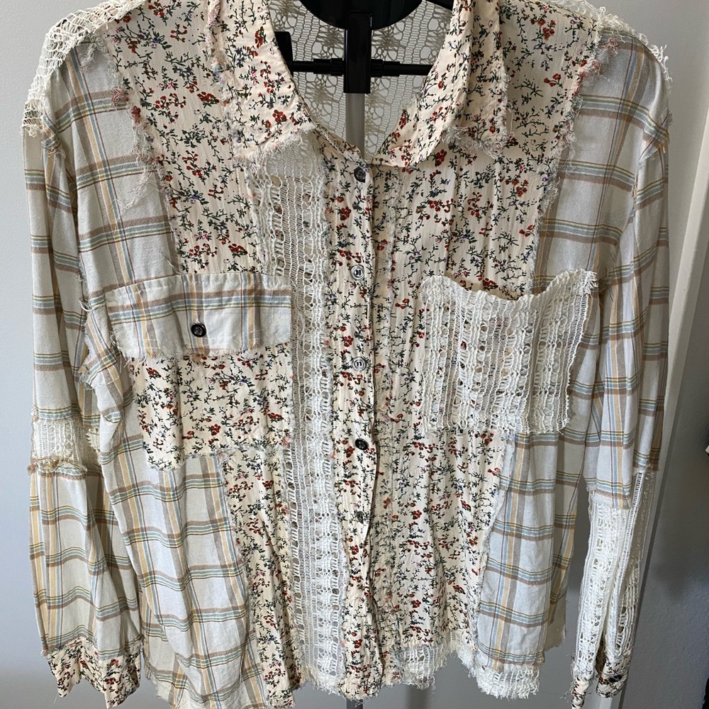 POL Boho Patchwork Button-Up Shirt – Size Medium - image 1